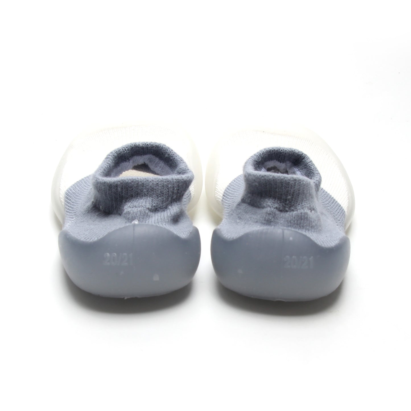 Blue and white sock shoes with a seamless design and non-slip rubber sole, perfect for pre walkers.