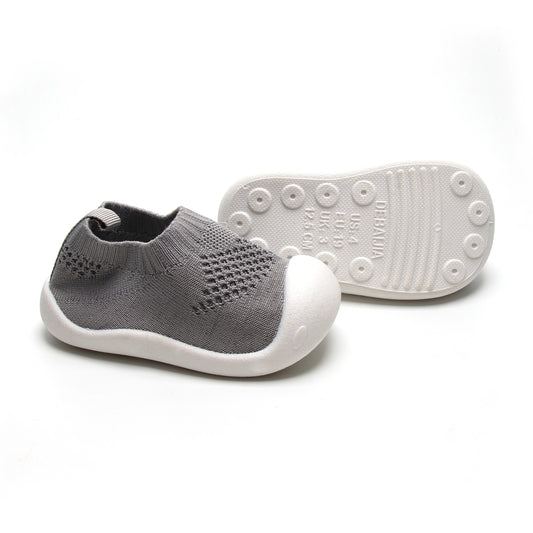 Grey kids mesh shoes with flexible sole and breathable design