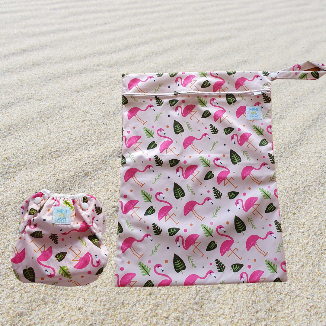 Reusable Swim Nappy and Waterproof Wet Bag - Flamingo