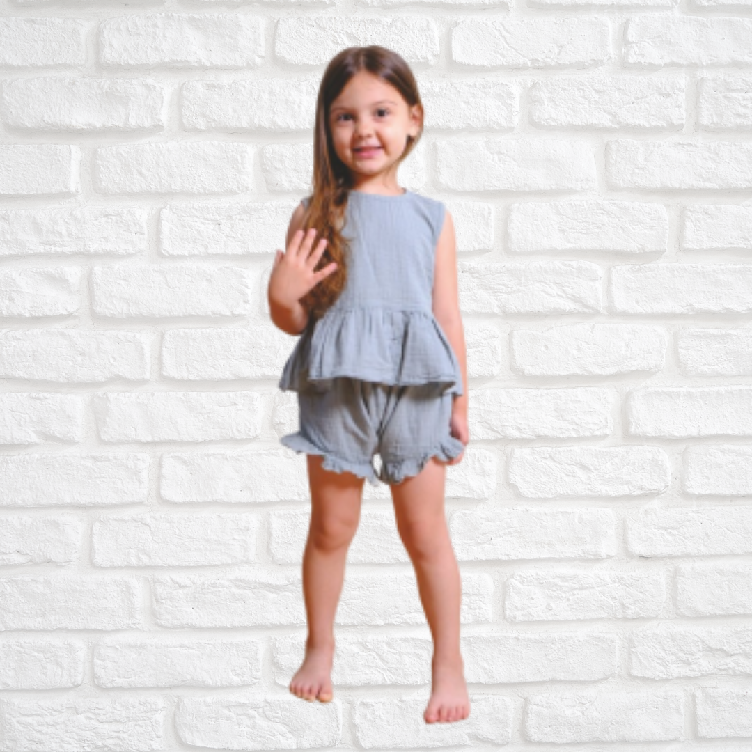 Handmade organic cotton kids set featuring a tank top with back buttons and elastic waistband shorts