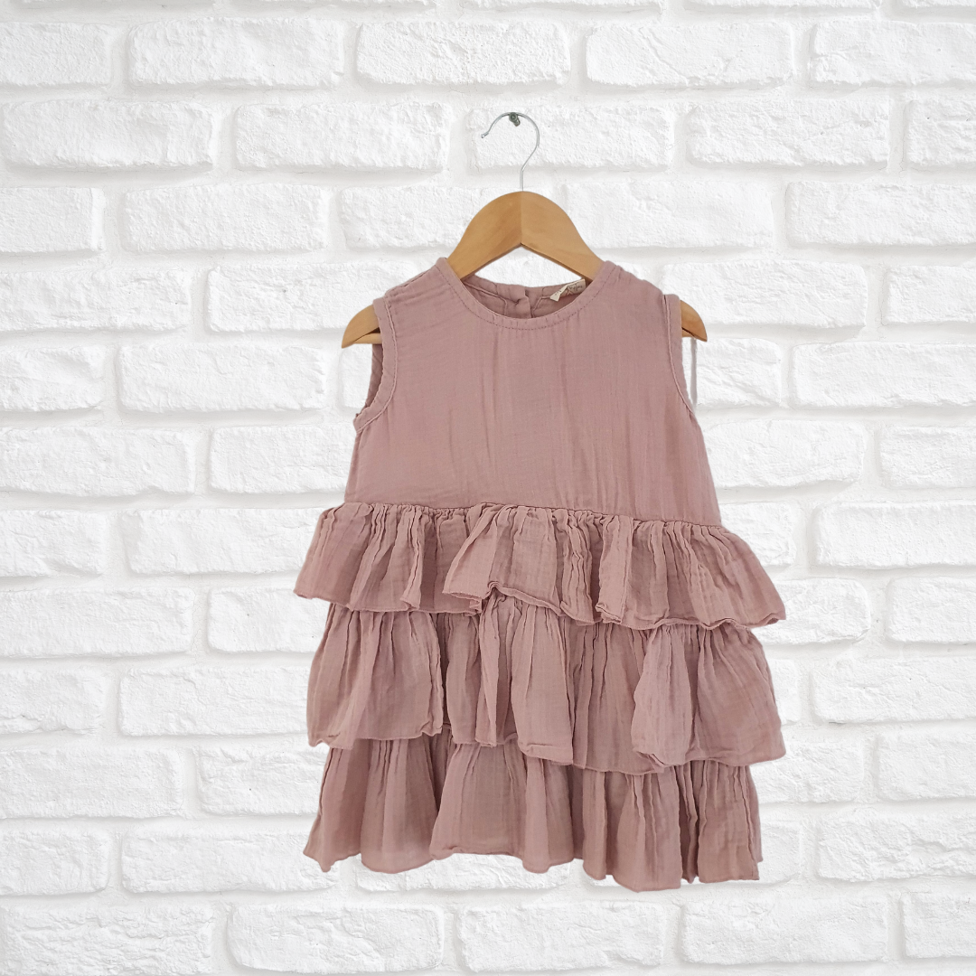 Organic muslin cotton Violet dress with crew neckline and ruffled bottom for toddlers
