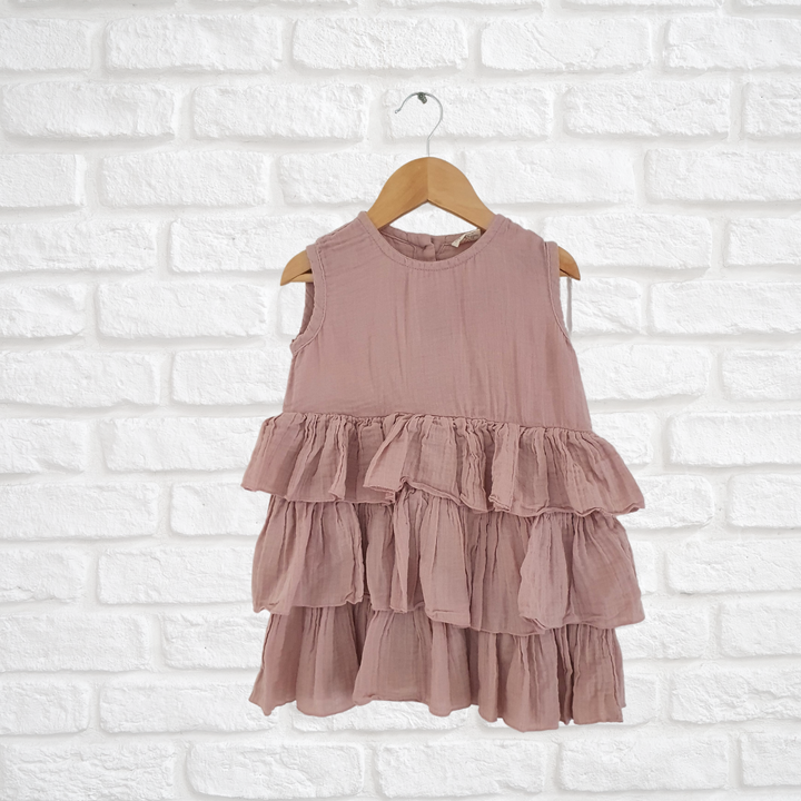 Organic muslin cotton Violet dress with crew neckline and ruffled bottom for toddlers
