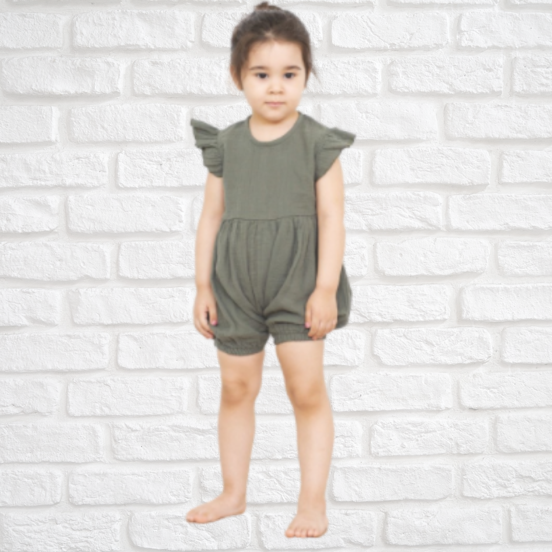 Lightweight muslin cotton overalls for toddlers with ruffle sleeves and easy back buttons





