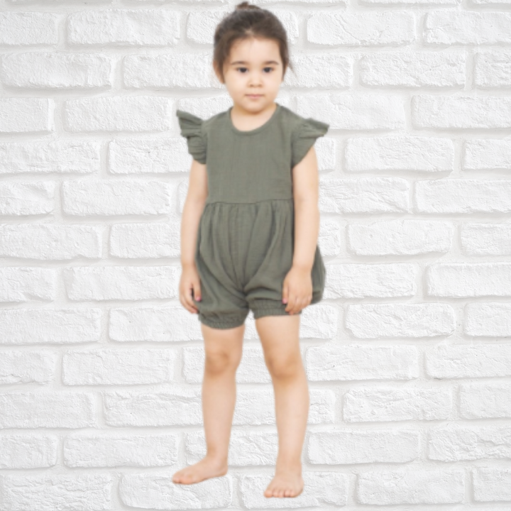 Lightweight muslin cotton overalls for toddlers with ruffle sleeves and easy back buttons






